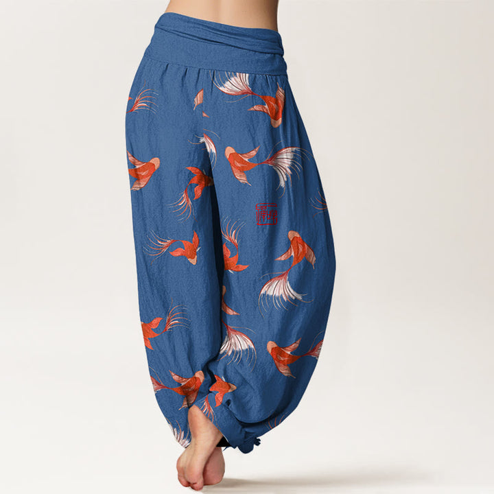 Haremshose aus reiner Baumwolle mit Buddha Stones -Print und Koi-Fisch-Muster für Damen mit elastischer Taille - image 10