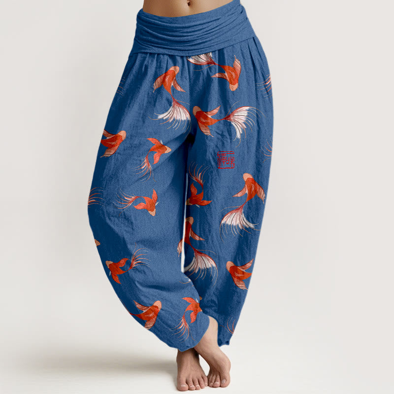 Haremshose aus reiner Baumwolle mit Buddha Stones -Print und Koi-Fisch-Muster für Damen mit elastischer Taille - Dunkelblau - US16, UK/AU20, EU48 (3XL) - image 8