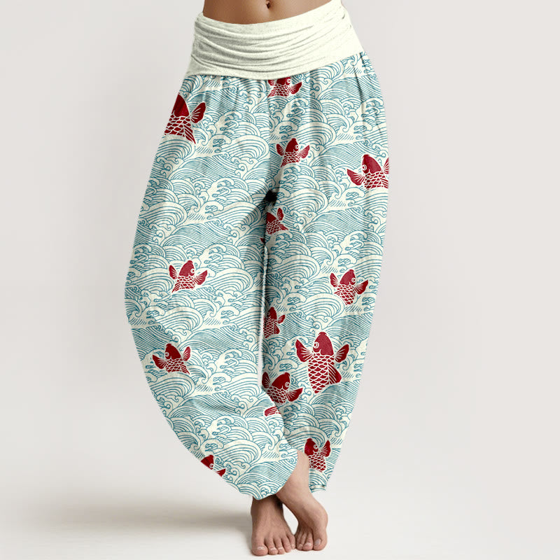 Buddha Stones -Druck, Koi-Fische, Wellen-Muster, Haremshose aus reiner Baumwolle für Damen mit elastischer Taille - HellCyan - US16, UK/AU20,EU48 (3XL) - image 0