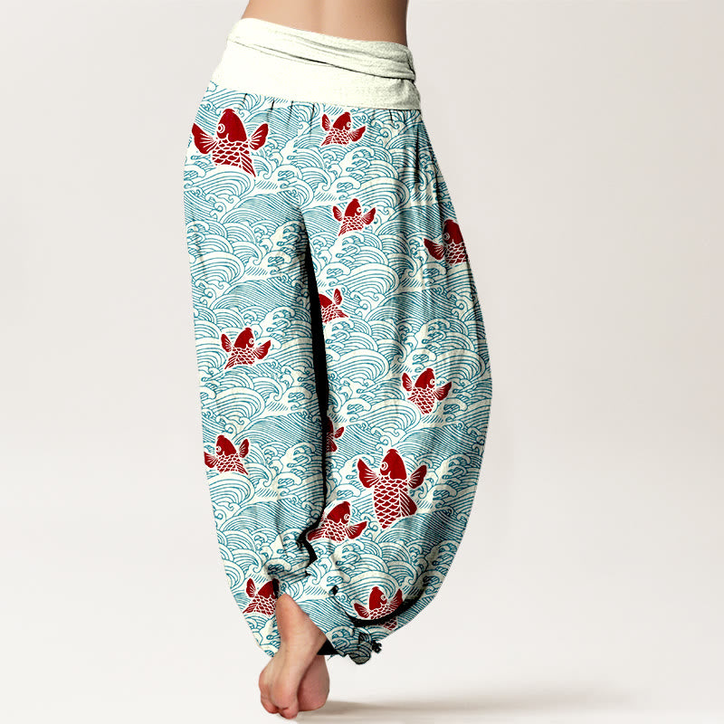 Buddha Stones -Druck, Koi-Fische, Wellen-Muster, Haremshose aus reiner Baumwolle für Damen mit elastischer Taille - image 2