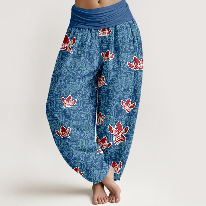 Buddha Stones -Druck, Koi-Fische, Wellen-Muster, Haremshose aus reiner Baumwolle für Damen mit elastischer Taille - Königsblau - US16, UK/AU20,EU48 (3XL) - image 5