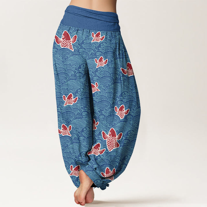 Buddha Stones -Druck, Koi-Fische, Wellen-Muster, Haremshose aus reiner Baumwolle für Damen mit elastischer Taille - image 7