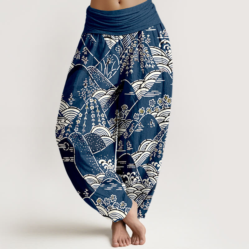 Buddha Stones bedruckt, Berge, Wellen, Blumenmuster, Damen-Haremshose aus reiner Baumwolle mit elastischer Taille - Mitternachtsblau - US16, UK/AU20,EU48 (3XL) - image 0