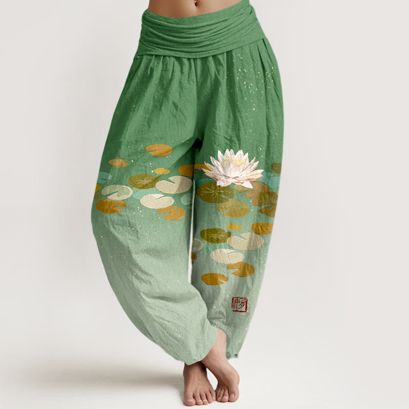 Haremshose aus reiner Baumwolle mit Buddha Stones -Aufdruck und weißem Lotusblatt-Muster für Damen mit elastischer Taille - MittelMeergrün - US16, UK/AU20,EU48 (3XL) - image 0