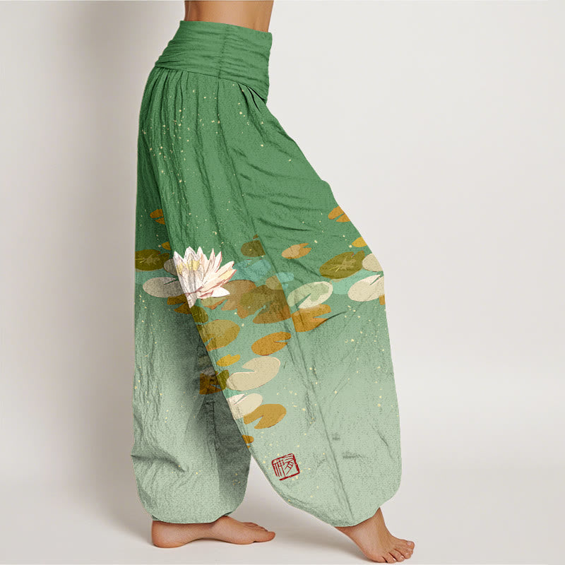 Haremshose aus reiner Baumwolle mit Buddha Stones -Aufdruck und weißem Lotusblatt-Muster für Damen mit elastischer Taille - image 1