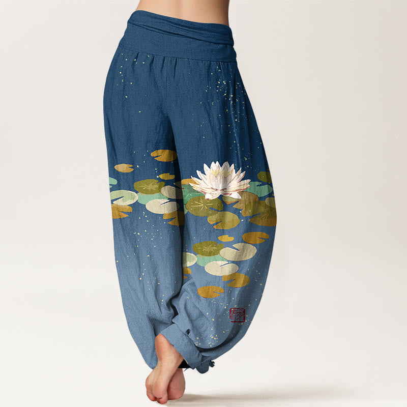 Haremshose aus reiner Baumwolle mit Buddha Stones -Aufdruck und weißem Lotusblatt-Muster für Damen mit elastischer Taille - image 10