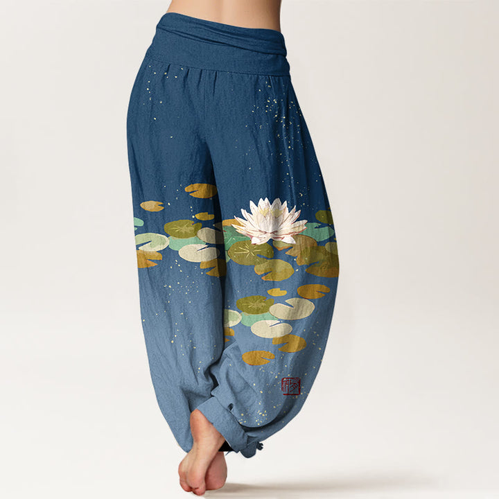 Haremshose aus reiner Baumwolle mit Buddha Stones -Aufdruck und weißem Lotusblatt-Muster für Damen mit elastischer Taille - image 10