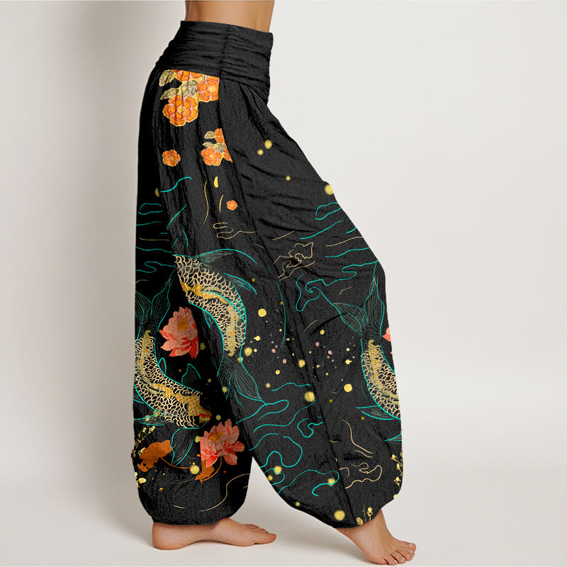 Buddha Stones Koi Fish Lotus Pattern Damen Haremshose mit elastischer Taille aus reiner Baumwolle - image 1