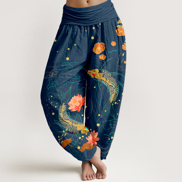 Buddha Stones Koi Fish Lotus Pattern Damen Haremshose mit elastischer Taille aus reiner Baumwolle - Dunkelblau - US16, UK/AU20,EU48 (3XL) - image 5