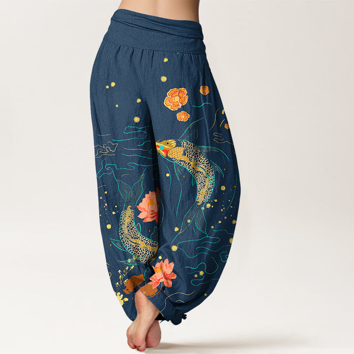 Buddha Stones Koi Fish Lotus Pattern Damen Haremshose mit elastischer Taille aus reiner Baumwolle - image 7