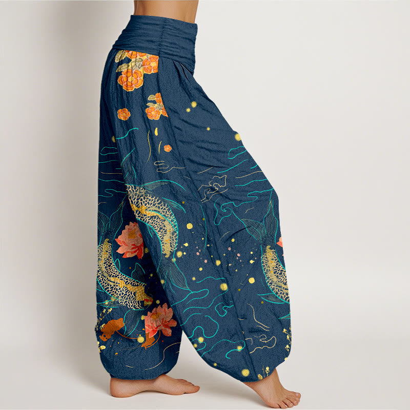 Buddha Stones Koi Fish Lotus Pattern Damen Haremshose mit elastischer Taille aus reiner Baumwolle - image 6