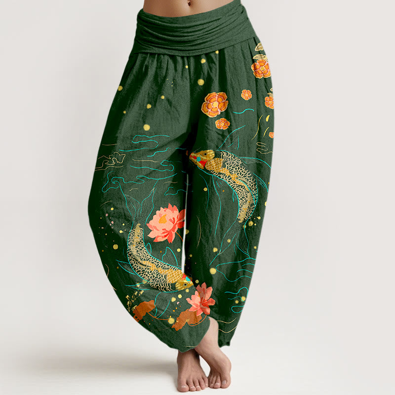 Buddha Stones Koi Fish Lotus Pattern Damen Haremshose mit elastischer Taille aus reiner Baumwolle - Dunkelgrün - US16, UK/AU20,EU48 (3XL) - image 8