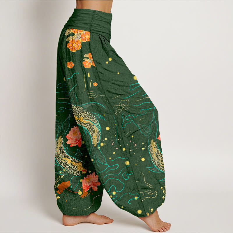 Buddha Stones Koi Fish Lotus Pattern Damen Haremshose mit elastischer Taille aus reiner Baumwolle - image 9