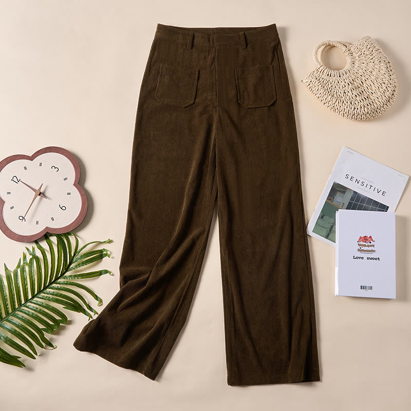 Buddha Stones Damenhose aus schlichtem Cord-Polyester mit weitem Bein und Knöpfen und Taschen - image 3