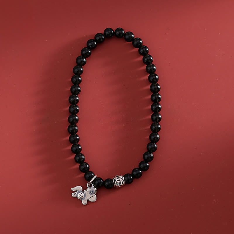 Buddha Stones – Jahr des Pferdes – Armband aus 925er Sterlingsilber und natürlichem schwarzem Obsidian - image 1