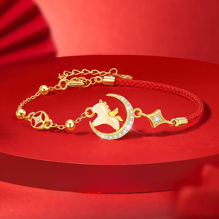 Buddha Stones, Hetian-Jade, Jahr des Pferdes, 925er Sterlingsilber, Zirkonia, rotes Seilarmband - Pferd, 925er Sterlingsilber, rote Schnur (Handgelenkumfang 14-18 cm) - image 0