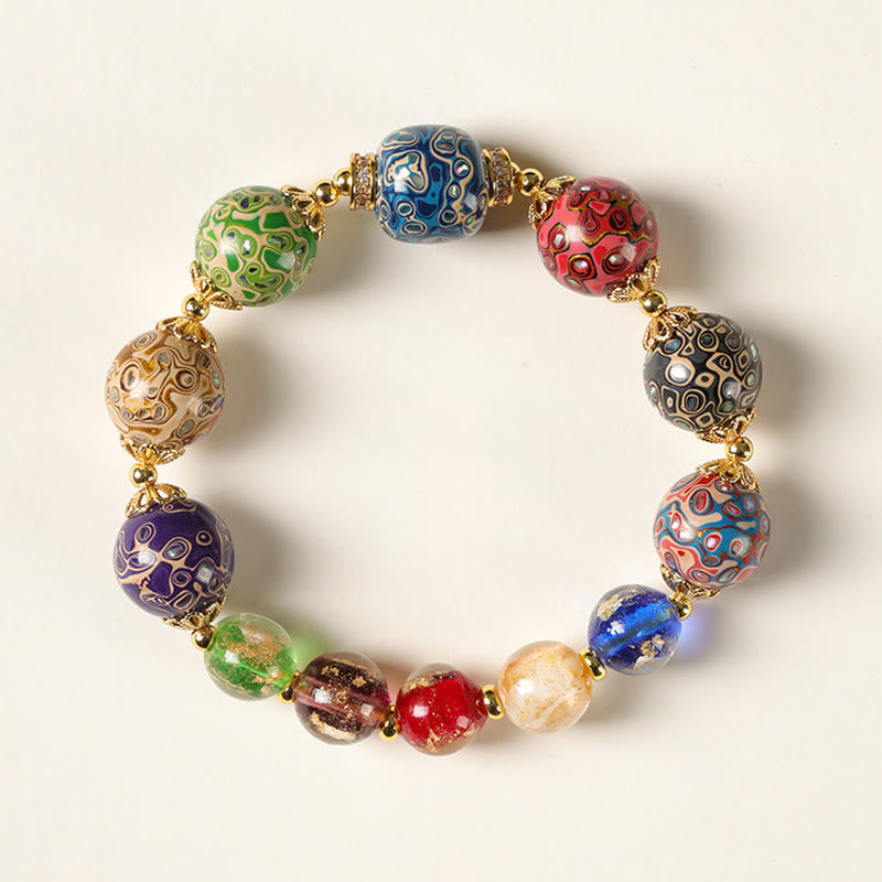 Buddha Stones, buntes Liuli-Glas, Sandelholz, Kürbisperlen, Lackarmband - 12 mm - image 0