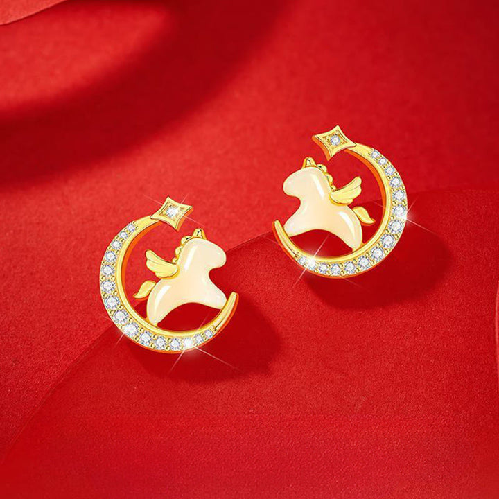 Buddha Stones Jahr des Pferdes Hetian-Jade 925 Sterlingsilber Mond Zirkon Ohrringe Fülle - image 1