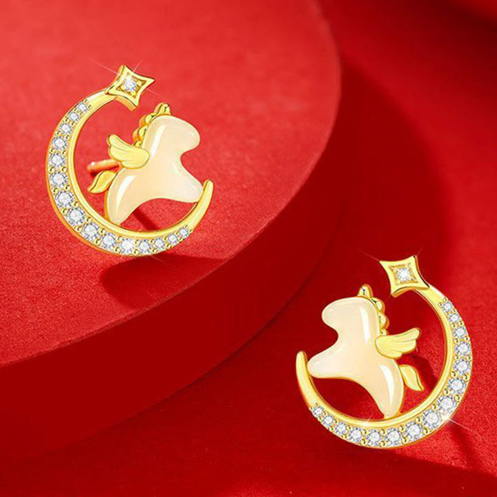 Buddha Stones Jahr des Pferdes Hetian-Jade 925 Sterlingsilber Mond Zirkon Ohrringe Fülle - image 2