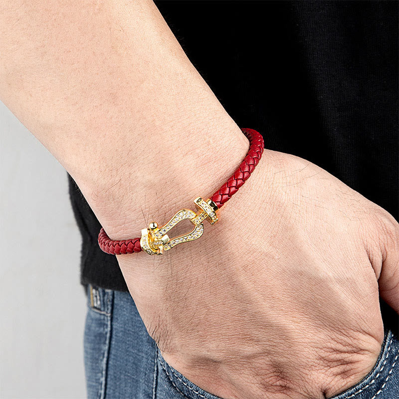 Buddha Stones Kupfer Balance hufeisenförmiges Zirkon-Lederarmband mit Schnalle - image 2