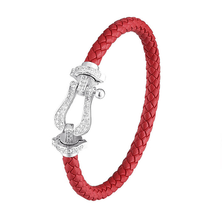 Buddha Stones Kupfer Balance hufeisenförmiges Zirkon-Lederarmband mit Schnalle - Weiße Schnalle & rotes Leder - 23 cm - image 6