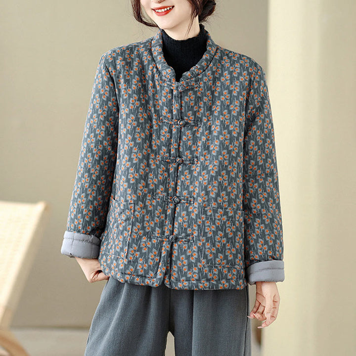 Buddha Stones Winterjacke aus dicker Baumwolle mit Froschknopfverschluss, Blumenmuster, langen Ärmeln und Taschen für Damen - image 1