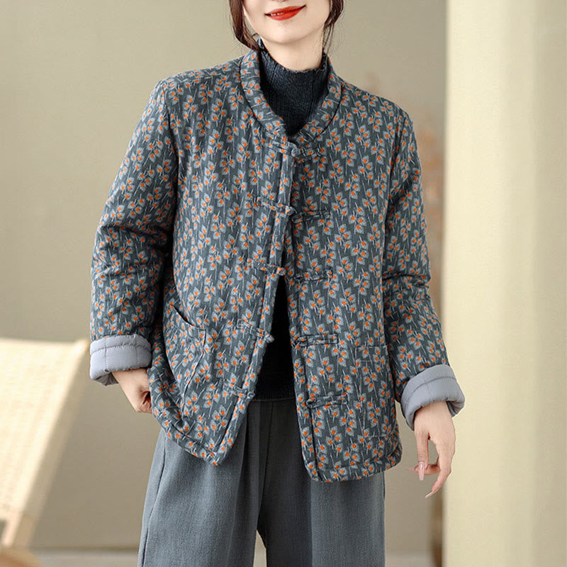 Buddha Stones Winterjacke aus dicker Baumwolle mit Froschknopfverschluss, Blumenmuster, langen Ärmeln und Taschen für Damen - image 3