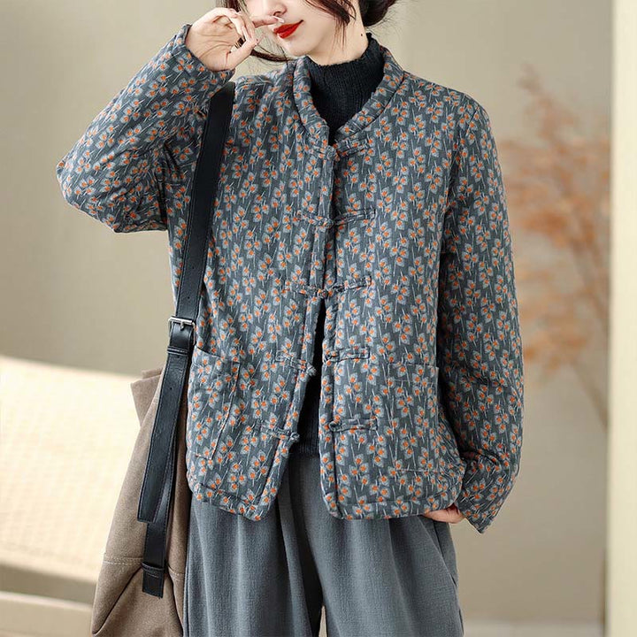 Buddha Stones Winterjacke aus dicker Baumwolle mit Froschknopfverschluss, Blumenmuster, langen Ärmeln und Taschen für Damen - image 5