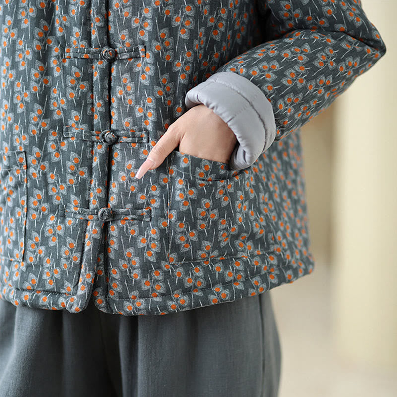 Buddha Stones Winterjacke aus dicker Baumwolle mit Froschknopfverschluss, Blumenmuster, langen Ärmeln und Taschen für Damen - image 8