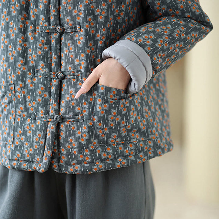 Buddha Stones Winterjacke aus dicker Baumwolle mit Froschknopfverschluss, Blumenmuster, langen Ärmeln und Taschen für Damen - image 8