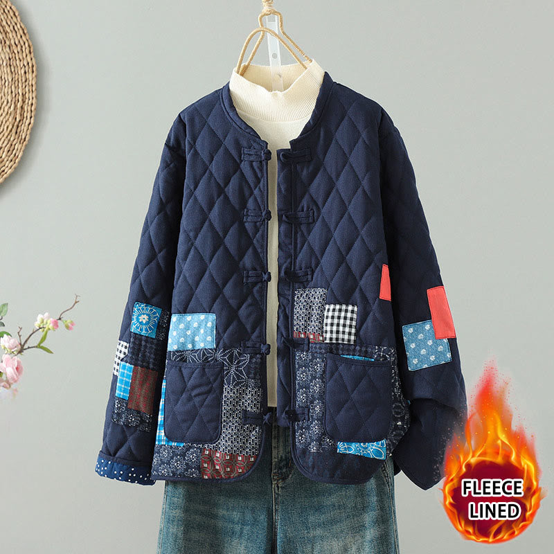 Buddha Stones Ethno-Patchwork-Damenjacke aus dicker Baumwolle mit langen Ärmeln und Taschen - Blaue Blumen - US 8-10, UK/AU 12-14, EU 40-42 (2XL) - image 0