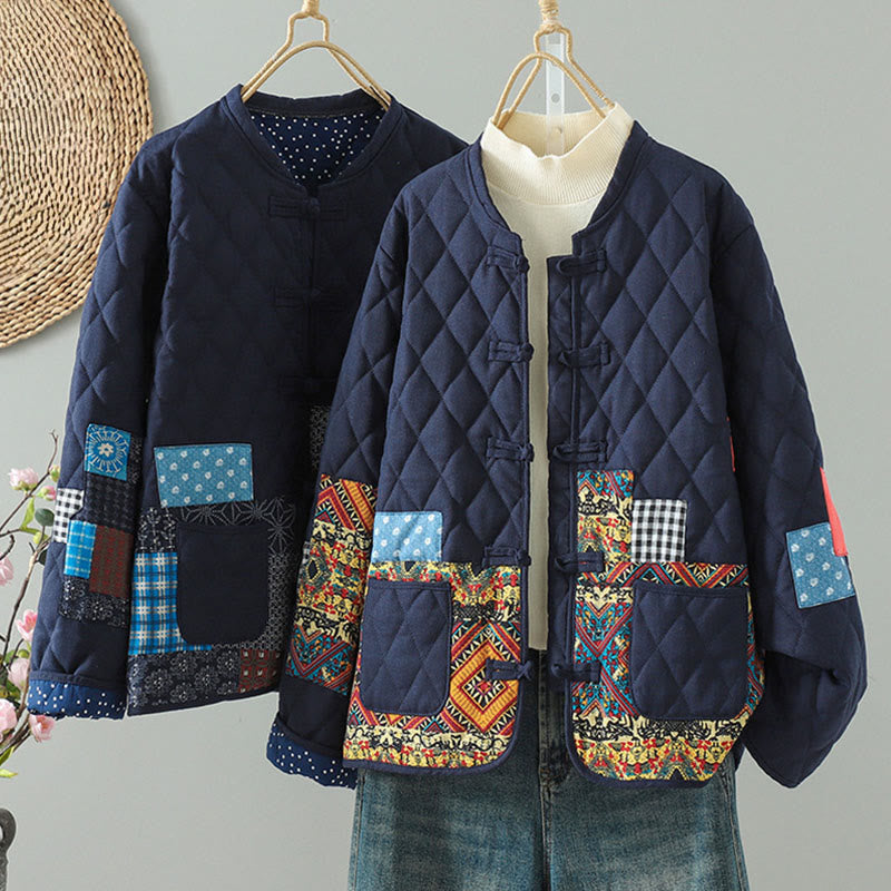 Buddha Stones Ethno-Patchwork-Damenjacke aus dicker Baumwolle mit langen Ärmeln und Taschen - image 16