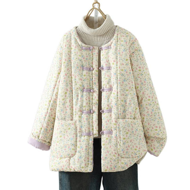 Damen-Baumwolljacke mit langen Ärmeln, dicker Verarbeitung, Taschen und Buddha Stones -Knopfdesign, floralem Muster - image 10