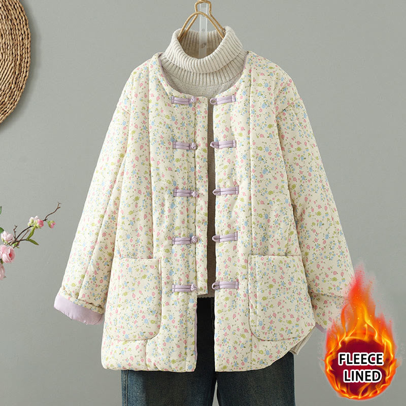 Damen-Baumwolljacke mit langen Ärmeln, dicker Verarbeitung, Taschen und Buddha Stones -Knopfdesign, floralem Muster - Maisfäden - US8-10, UK/AU12-14,EU40-42 (2XL) - image 0