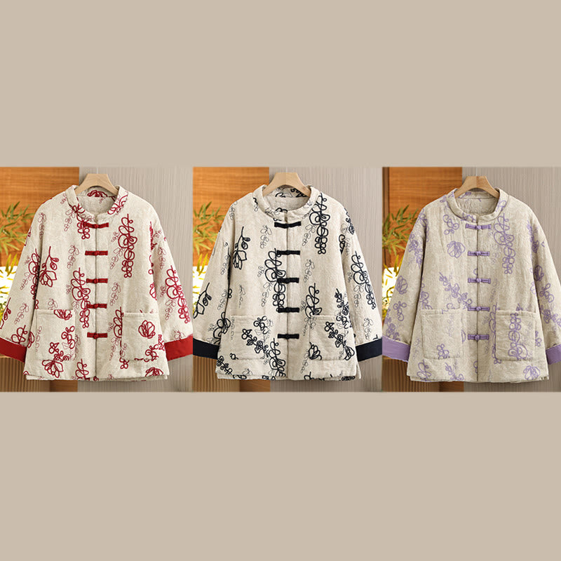 Buddha Stones Damen Winterjacke mit langen Ärmeln, Stehkragen, Froschknöpfen, Baumwollwattierung und Taschen - image 27