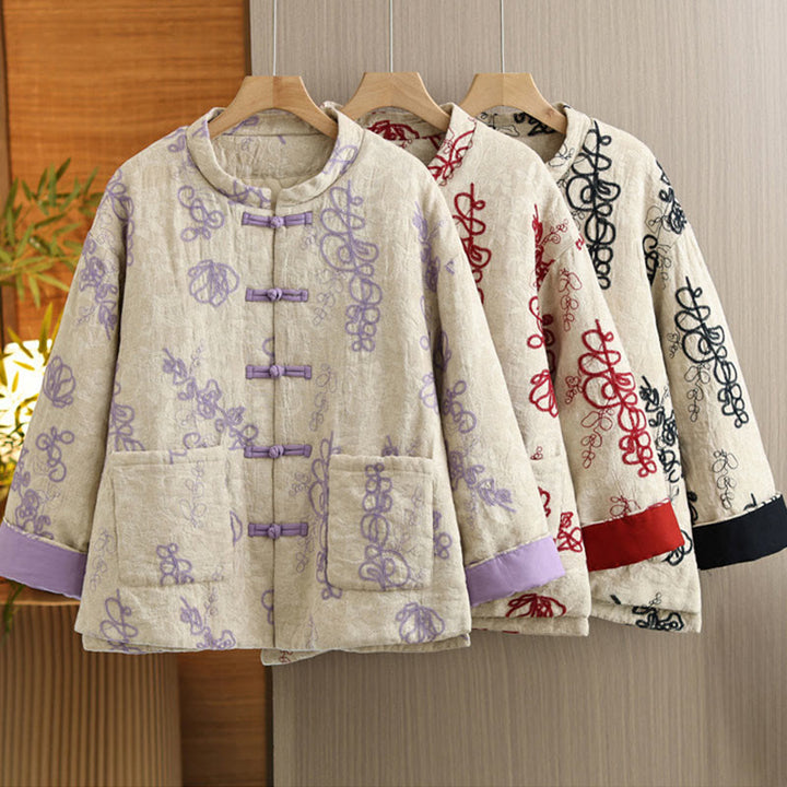 Buddha Stones Damen Winterjacke mit langen Ärmeln, Stehkragen, Froschknöpfen, Baumwollwattierung und Taschen - image 26