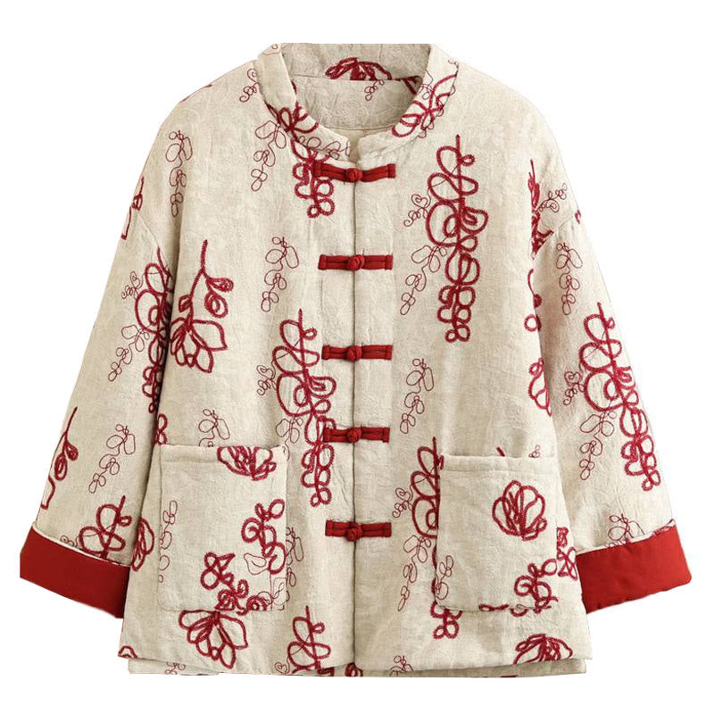 Buddha Stones Damen Winterjacke mit langen Ärmeln, Stehkragen, Froschknöpfen, Baumwollwattierung und Taschen - image 6