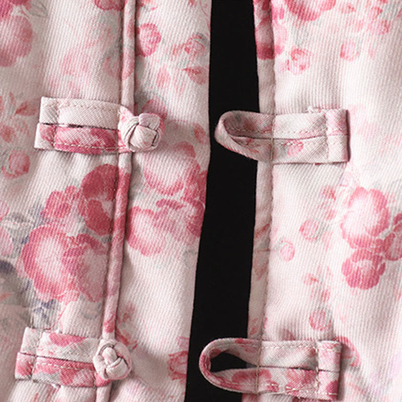 Buddha Stones Damen-Pendeljacke, hellrosa bedruckt, mit Blumenmuster, Froschknöpfen, langärmlig, aus Baumwolle, für den täglichen Gebrauch. - image 5