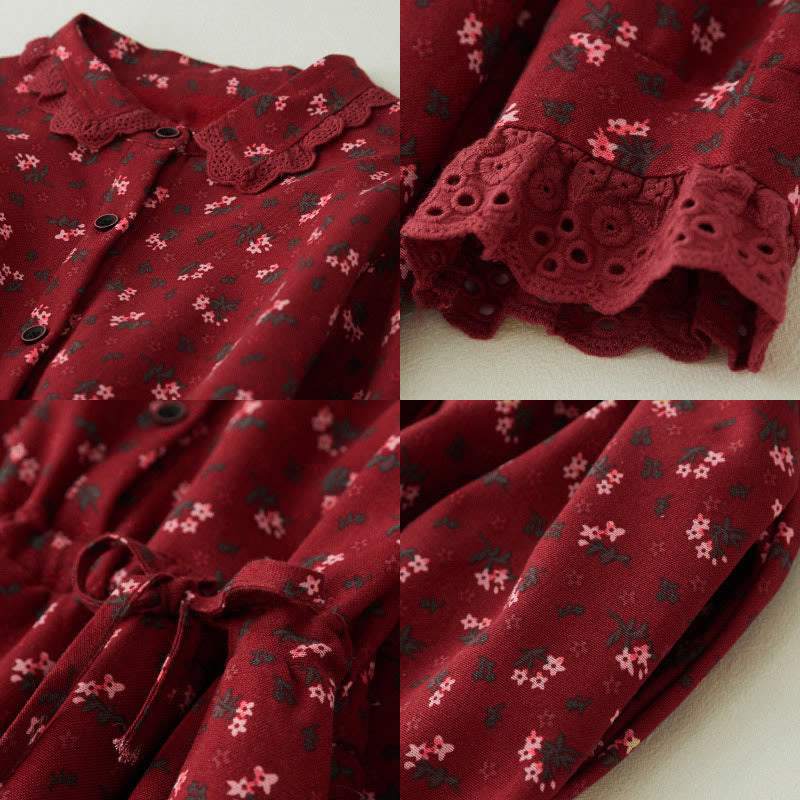 Buddha Stones, florales Spitzen-Patchwork-Design, langärmeliges Cord-Midikleid mit Taschen - image 7