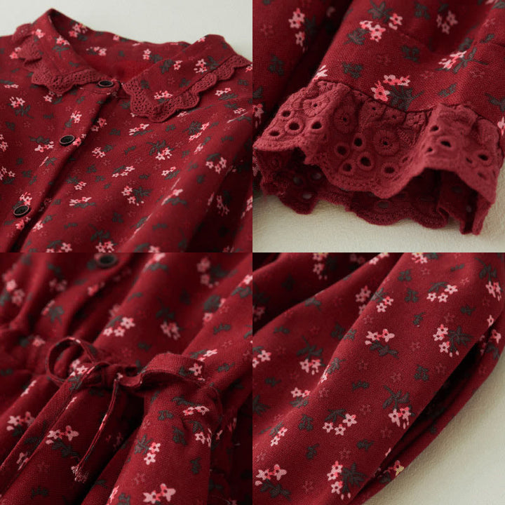 Buddha Stones, florales Spitzen-Patchwork-Design, langärmeliges Cord-Midikleid mit Taschen - image 7