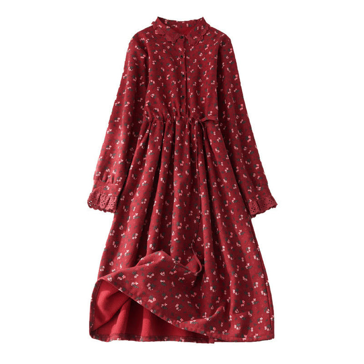 Buddha Stones, florales Spitzen-Patchwork-Design, langärmeliges Cord-Midikleid mit Taschen - image 2