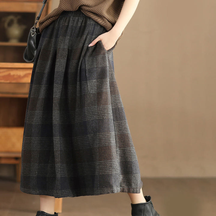 Buddha Stones Damen-Winterrock mit Karomuster, Baumwolle, Thermo, Länge 7–8, mit Taschen - image 17