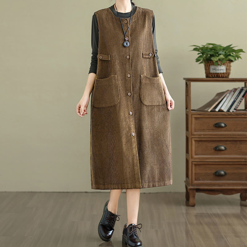 Buddha Stones – Ärmelloses Midikleid mit Knöpfen und Taschen in reiner Farbe - image 3