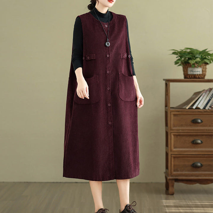 Buddha Stones – Ärmelloses Midikleid mit Knöpfen und Taschen in reiner Farbe - image 17