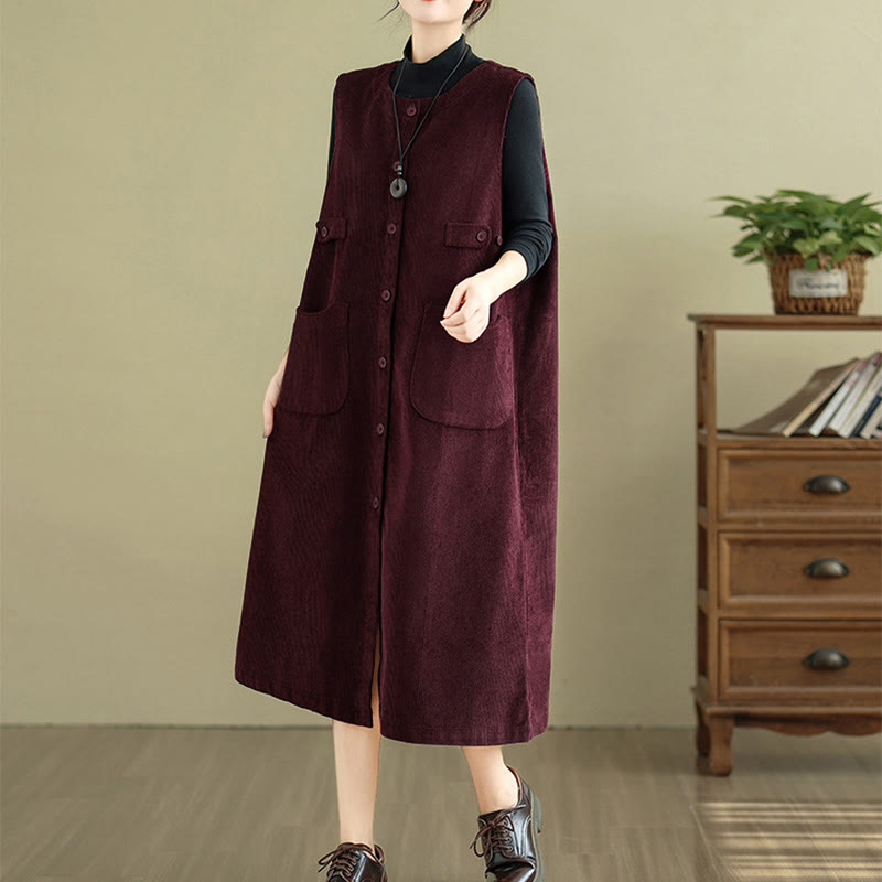 Buddha Stones – Ärmelloses Midikleid mit Knöpfen und Taschen in reiner Farbe - image 15