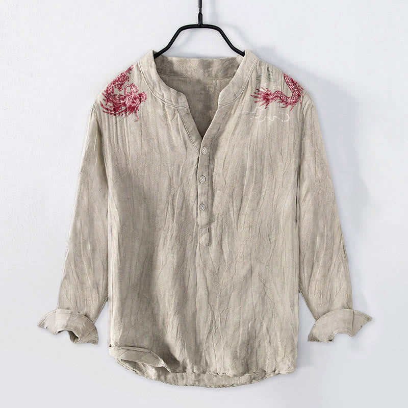 Herren-Langarmhemd aus Baumwoll-Leinen-Mischgewebe mit Buddha Stones und rotem Drachenmuster sowie halben Knöpfen. - Leinen - US/ UK/AU50, EU60 (5XL) - image 6