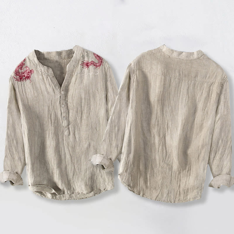 Herren-Langarmhemd aus Baumwoll-Leinen-Mischgewebe mit Buddha Stones und rotem Drachenmuster sowie halben Knöpfen. - image 8