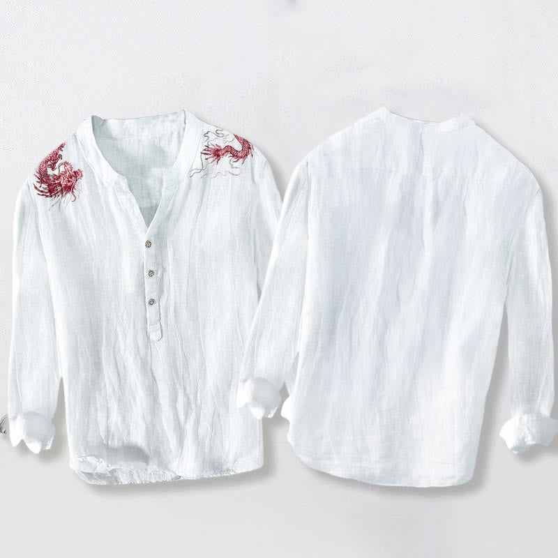 Herren-Langarmhemd aus Baumwoll-Leinen-Mischgewebe mit Buddha Stones und rotem Drachenmuster sowie halben Knöpfen. - image 5