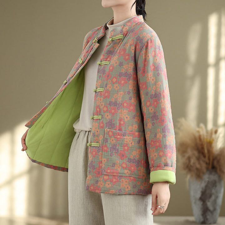 Buddha Stones Damen Winterjacke aus dicker Baumwolle mit Blumenmuster, langen Ärmeln und Taschen - image 2