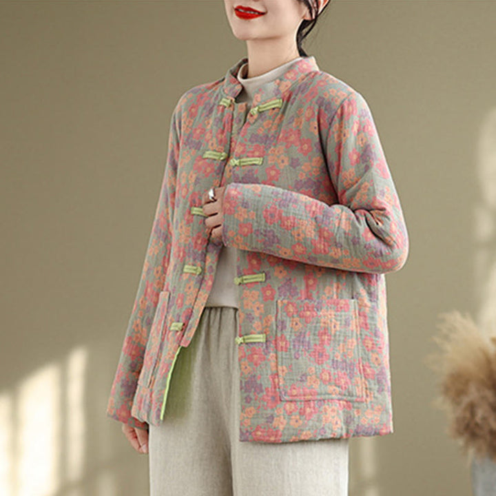 Buddha Stones Damen Winterjacke aus dicker Baumwolle mit Blumenmuster, langen Ärmeln und Taschen - image 3